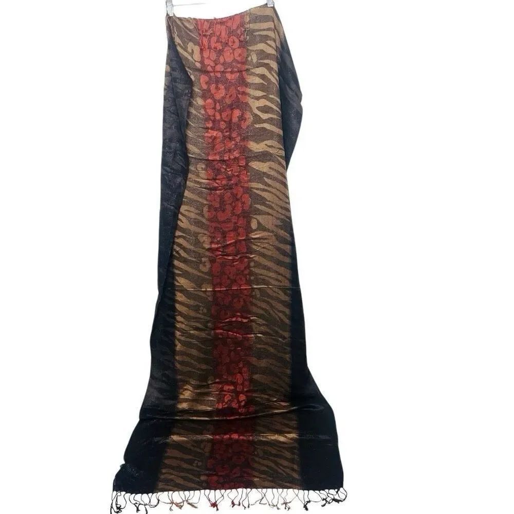 Brown Spice Animal Print Metallic Scarf Tassels NWT!